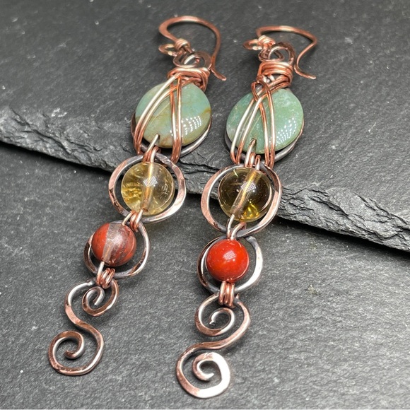 Handcrafted Hammered Copper With Agate and Citrine Gemtone Earrings - Picture 9 of 13